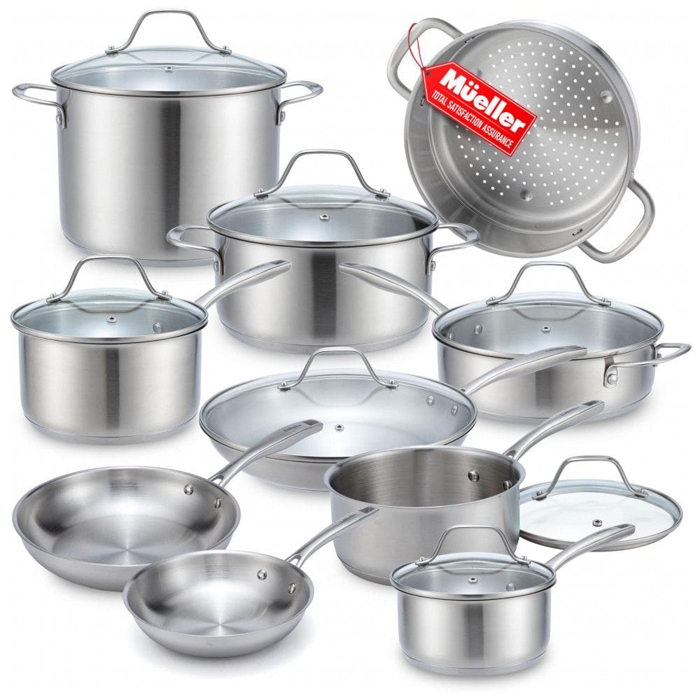 Jogo de Panelas e Frigideiras Antiaderentes em Aço Inoxidável, 17 Peças, Mueller Austria, Prata