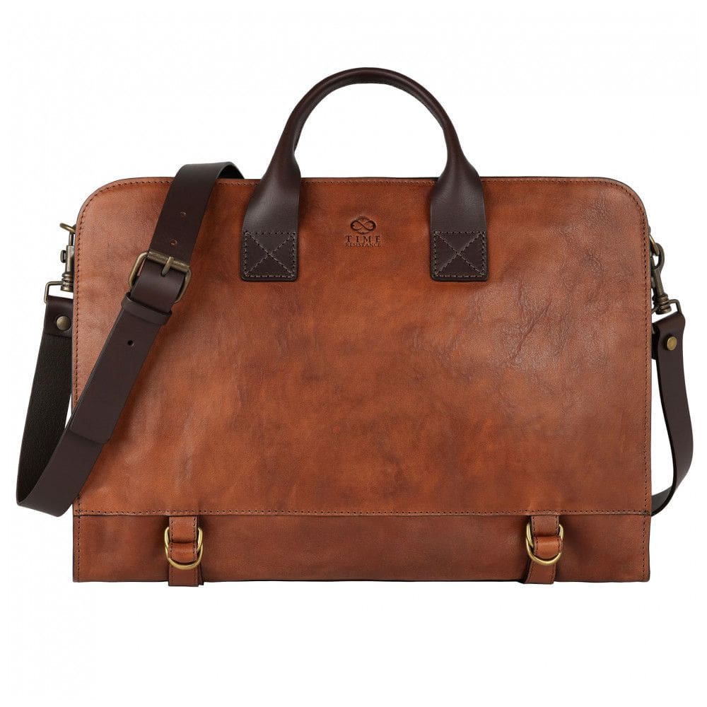 Bolsa Maleta Seyfocnia de Couro Unissex para Laptop, Conhaque, TIME RESISTANCE, Marrom