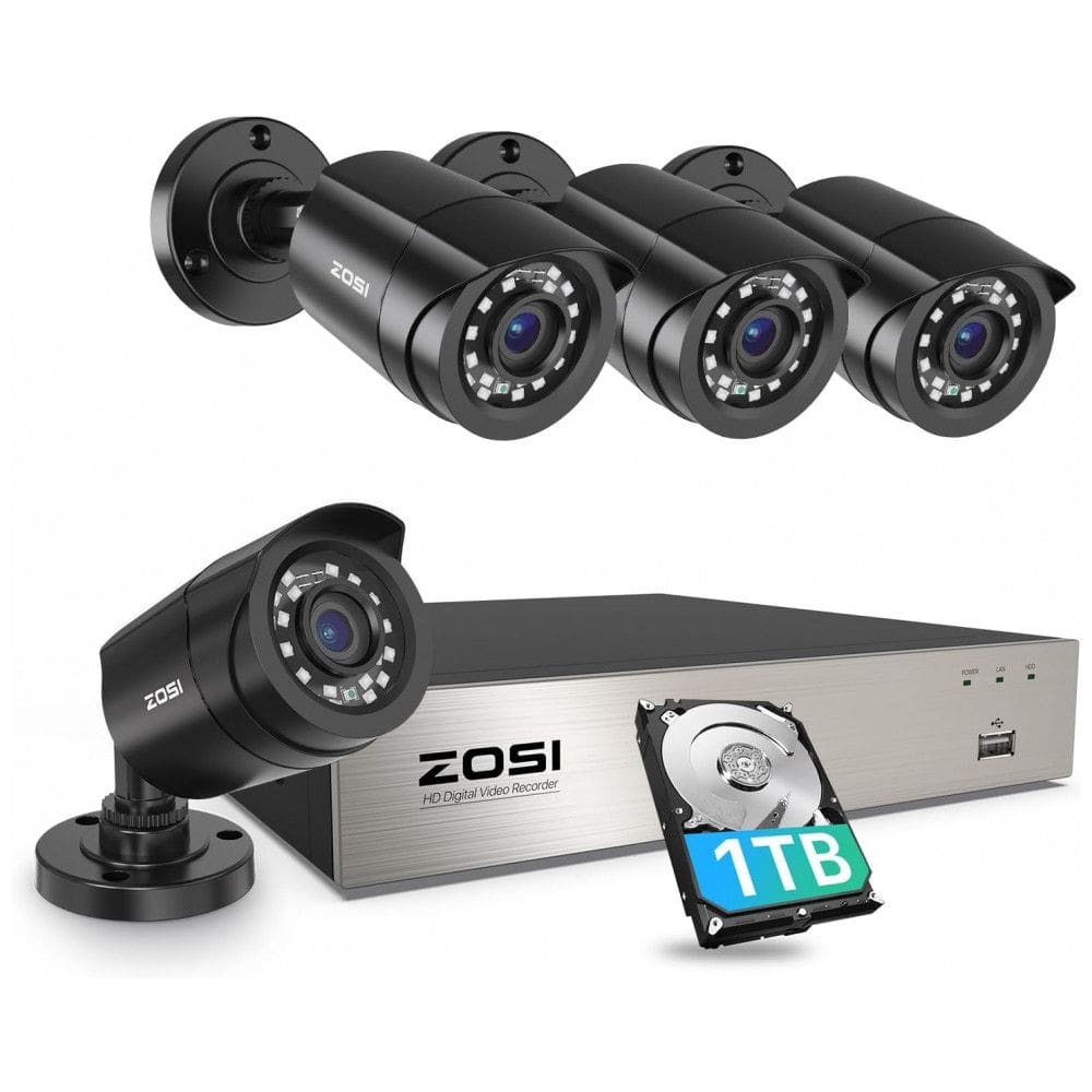 Sistema de Câmera de Segurança com 8 Canais, 1TB, 5MP, Video DVR, 4 Câmeras, ZOSI, Preto