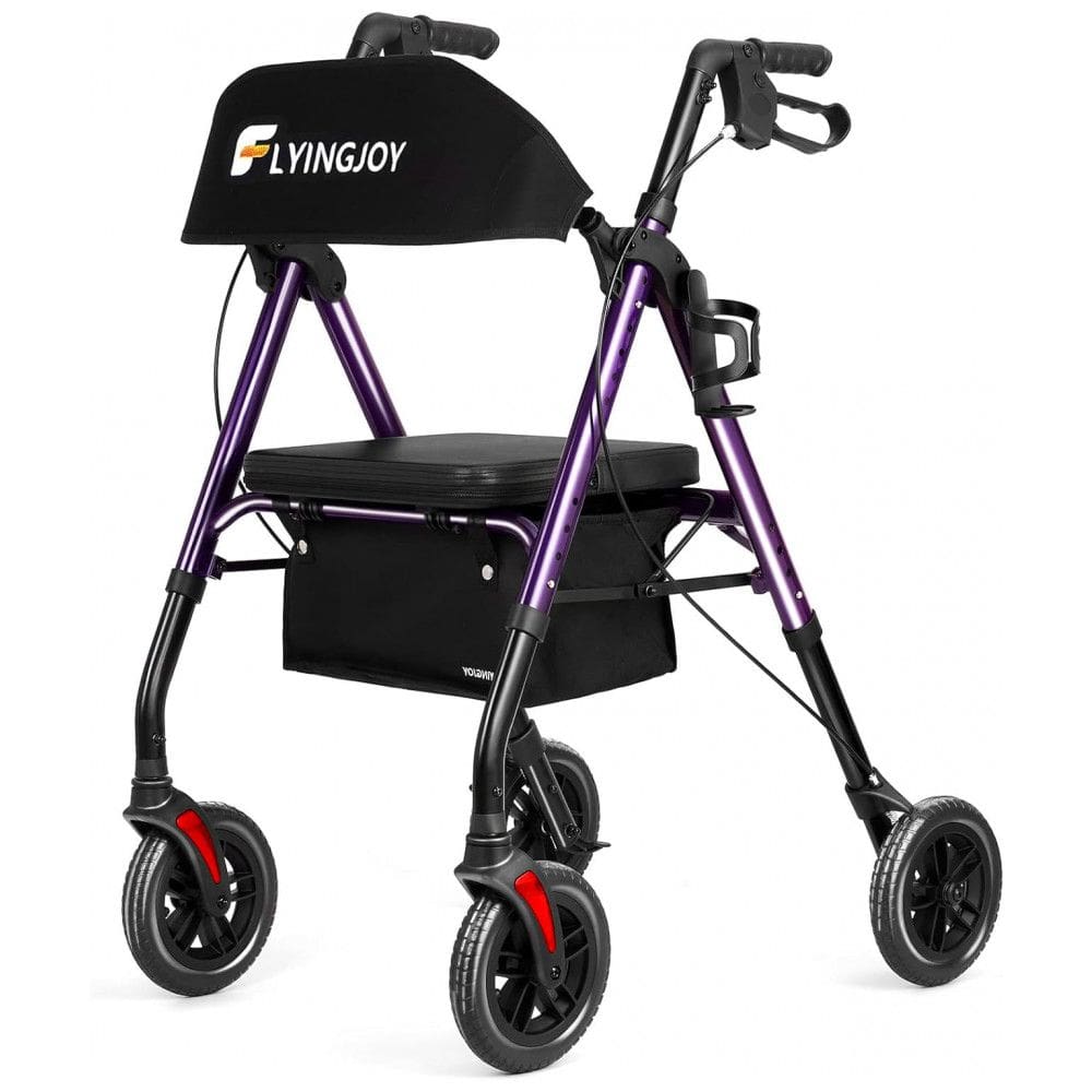Andador para Idoso Dobrável até 136kg com Assento, Encosto Extra Largo e Suporte para Bengala, FlyingJoy, Roxo