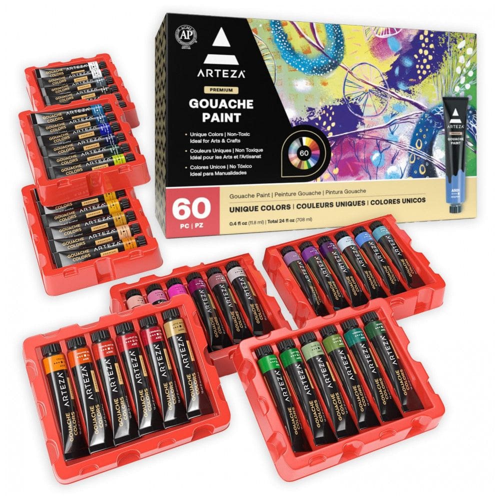 Kit de Tinta Guache Profissional com Cores Essenciais, 60 Peças, ARTEZA
