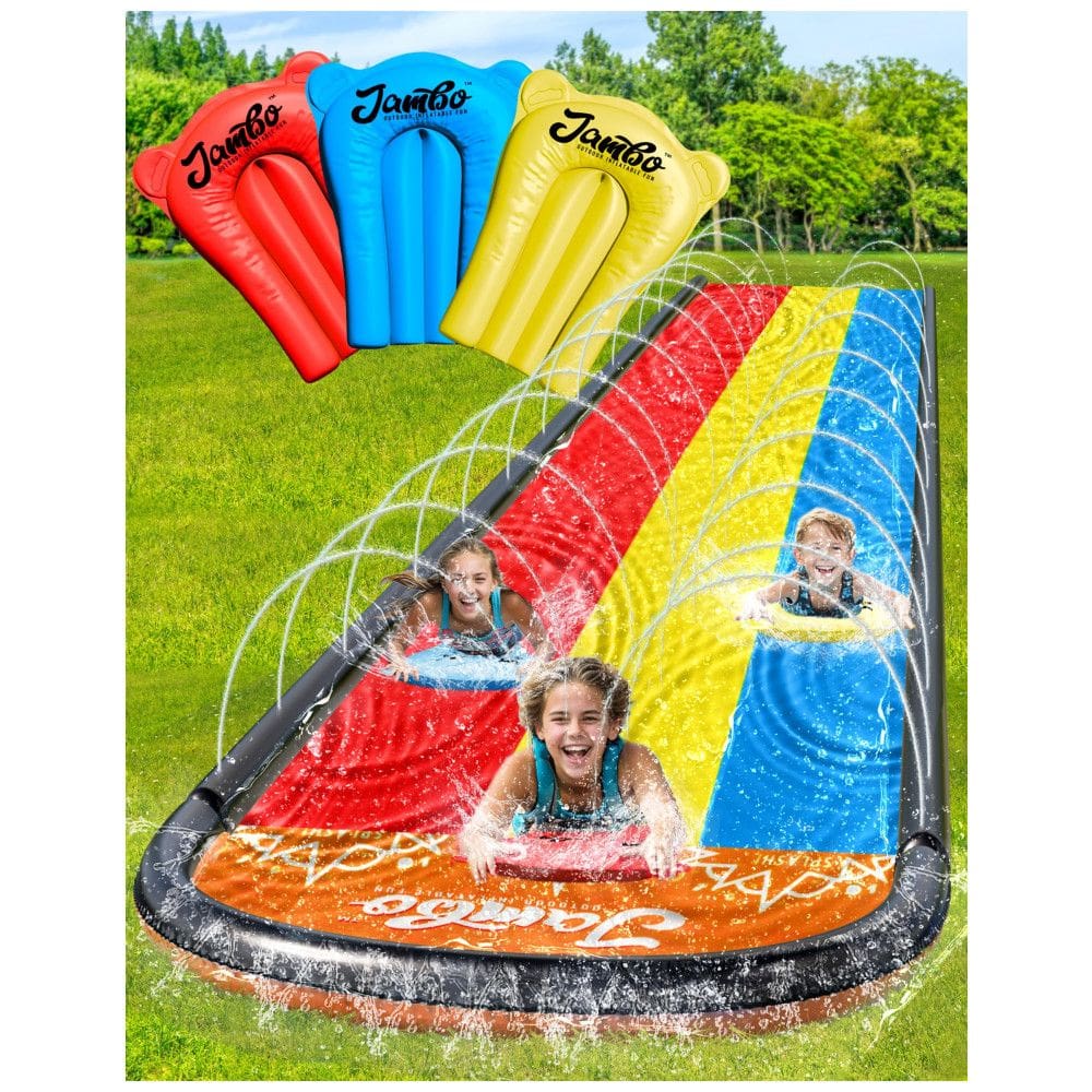 Parque Aquático Inflável 4,8 Metros com 3 Bodyboards e Sistema de Aspersão de Água de 3 Vias para Crianças, Jambo, Colorido