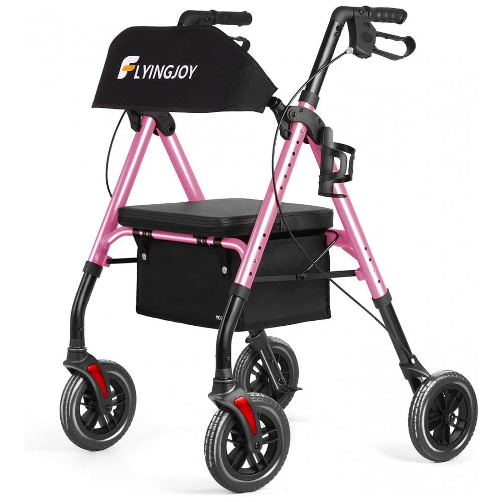 Andador para Idoso Dobrável até 136kg com Assento, Encosto Extra Largo e Suporte para Bengala, FlyingJoy, Rosa