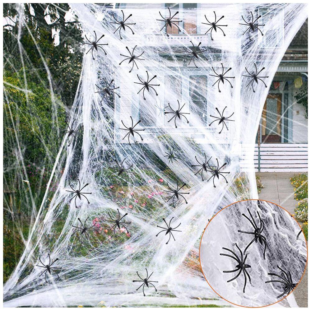 Teia de Aranha Gigante com 100 Aranhas Falsas para Decoração de Halloween