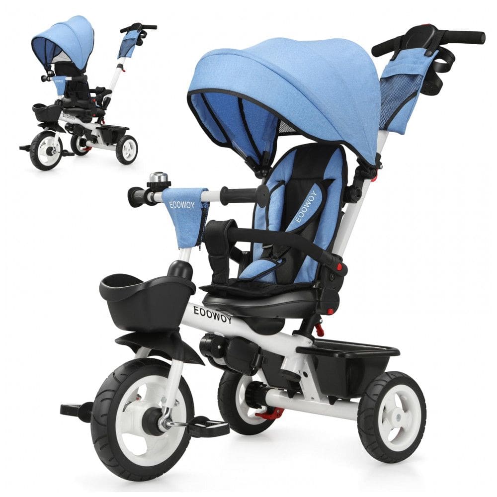 Triciclo Infantil 6 em 1 com Alça Ajustável, Cobertura Removível e Arnês de Segurança para Crianças de 1 a 5 Anos, EOOWOY, Azul