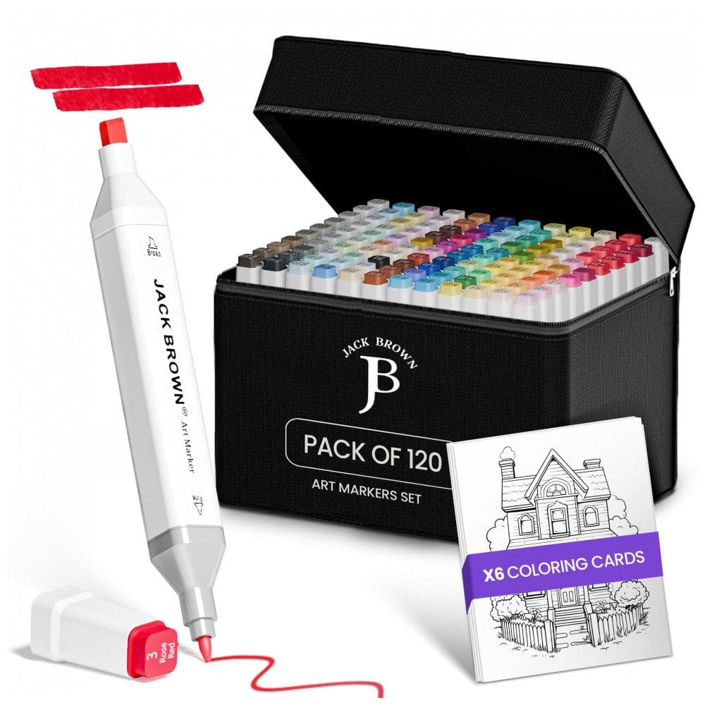 Conjunto de Canetas Artisticas Á Base de Álcool 120 Cores para Artistas Profissionais com Pontas Duplas e Estojo, JACK BROWN