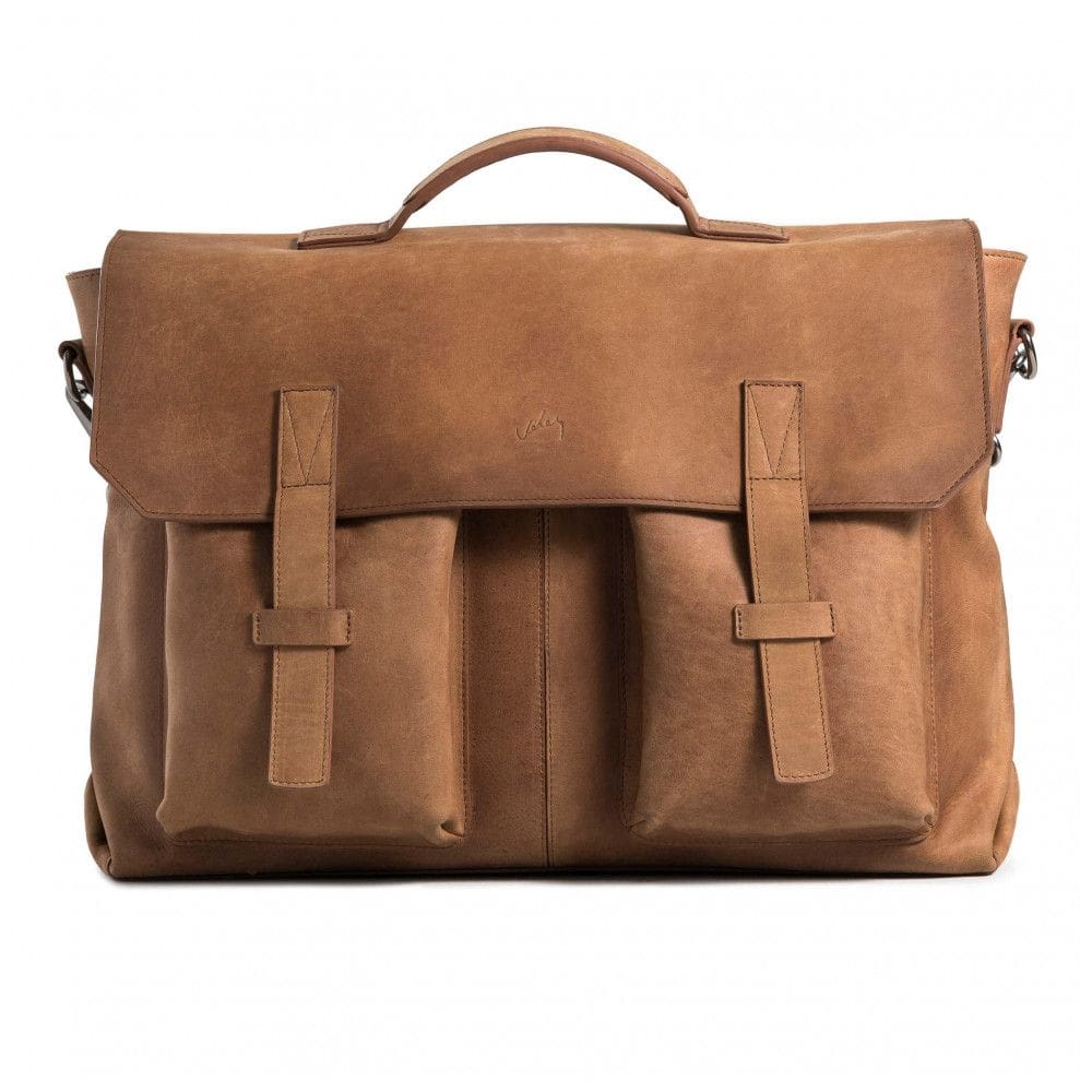 Bolsa Carteiro Masculina de Couro Grão Integral para Laptop com 15 Polegadas e Fecho Magnético, VELEZ, Marrom