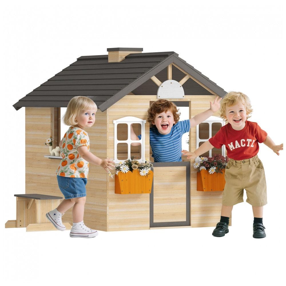 Casinha Infantil de Madeira para Área Externa com Porta de Trabalho, Janelas, Banco, Posto de Serviço e Suportes para Vasos de Flores