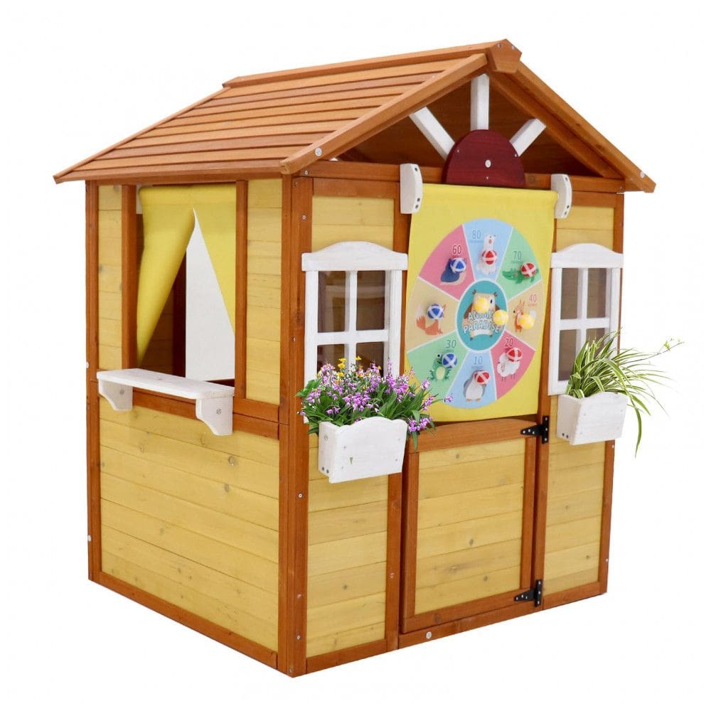 Casinha Infantil de Madeira para Área Externa com Porta, 2 Janelas e Suportes para Vasos de Flores, Idade 3 a 6 Anos, Foinfun