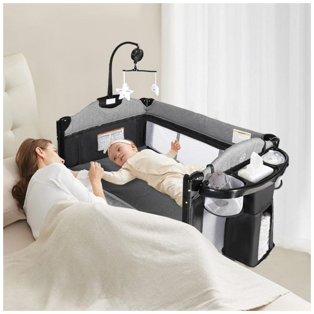 Berço Cercado Portátil 4 em 1 com Porta Objetos e Zíper Lateral, Kinder King, Cinza e Preto