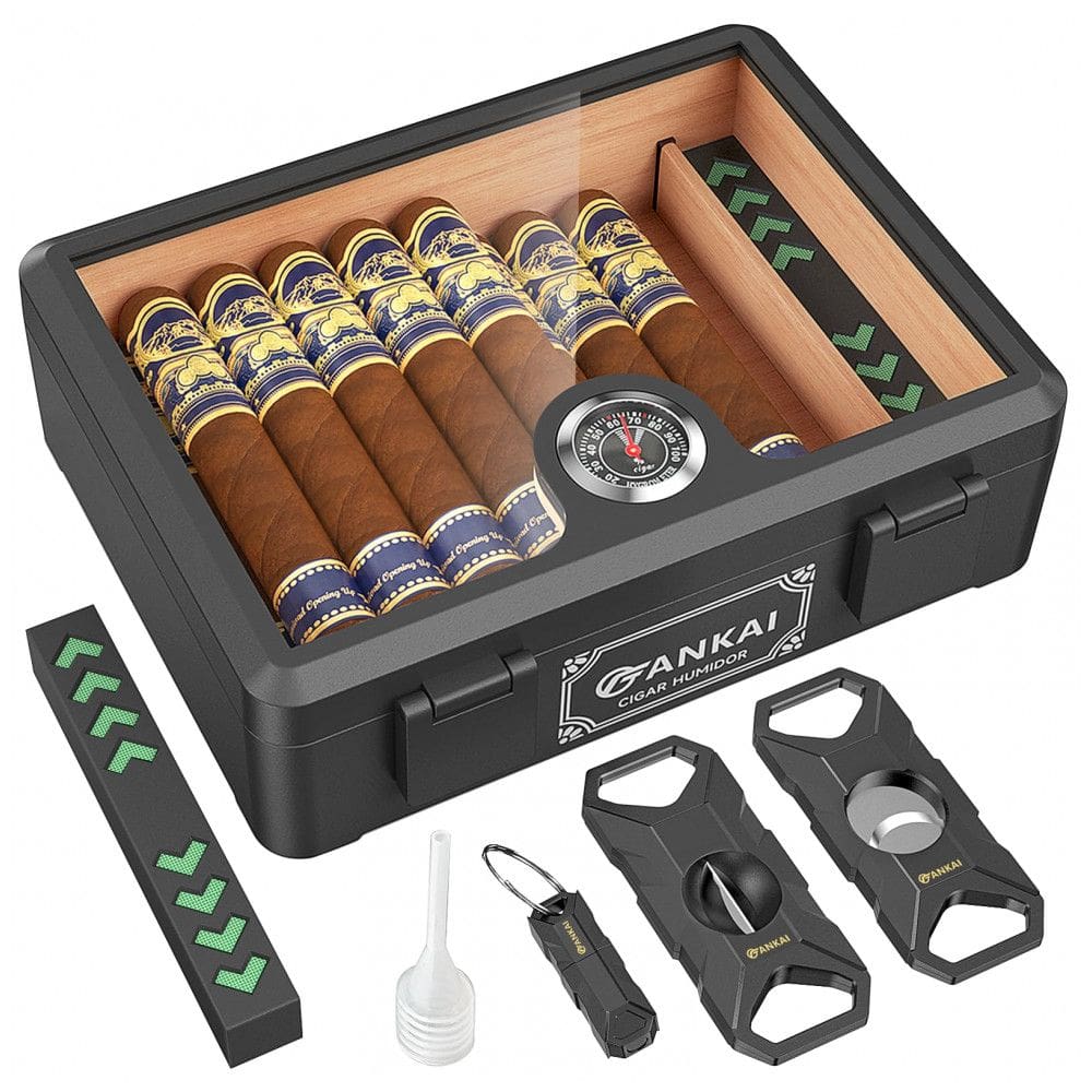 Umidor de Charutos com Topo em Vidro, Caixa de Cedro à Prova de Quedas com Divisor para 20-25 Charutos Preta - FANKAI