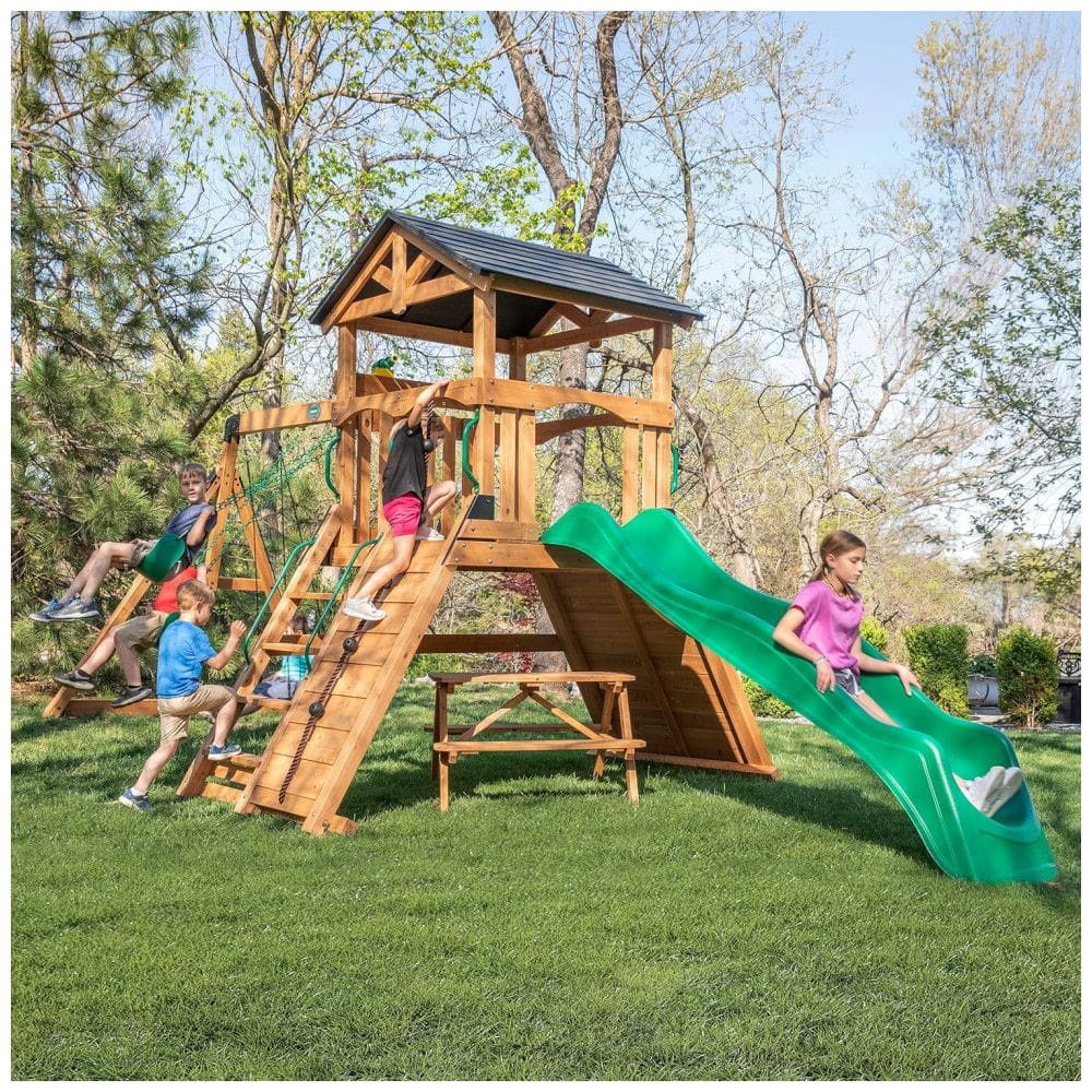 Playground Infantil de Madeira com Mesa de Piquenique, Parede de Escalada, Escorregador de Ondas e 3 Balanços, Backyard Discovery, Verde