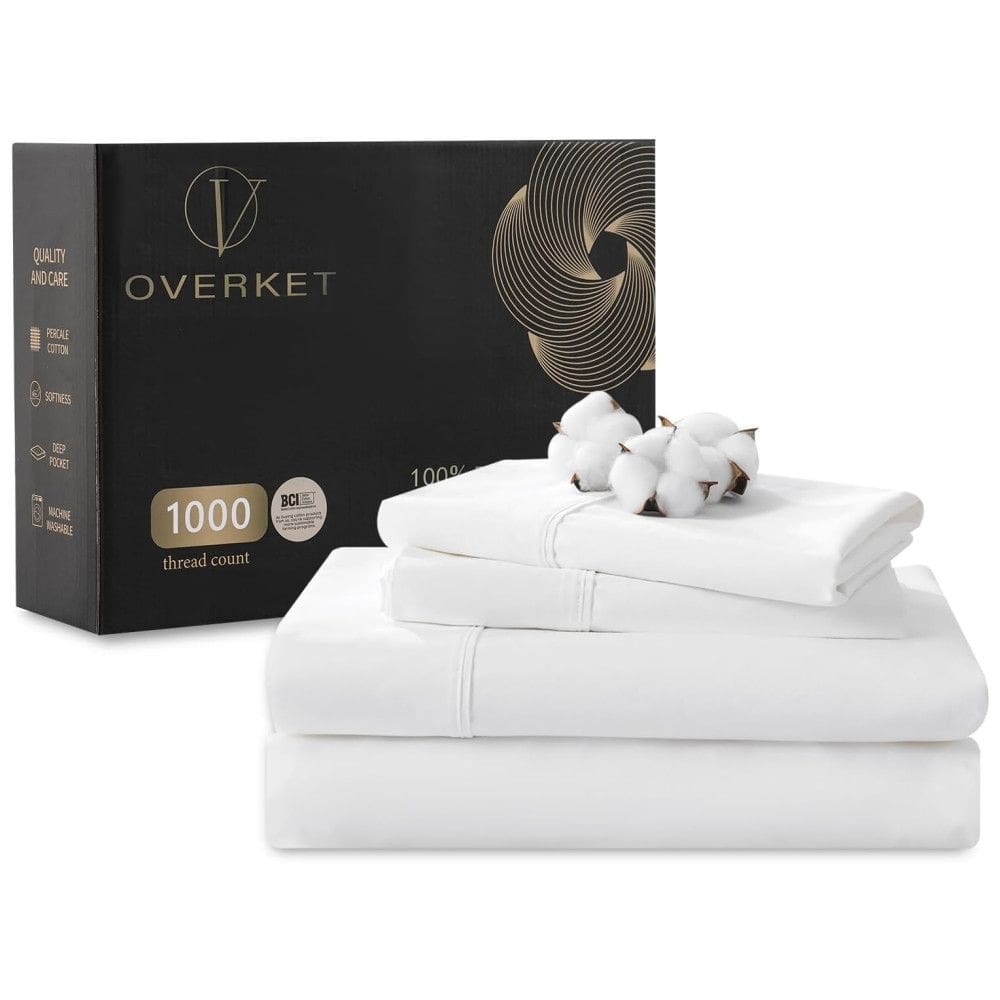 Conjunto de Lençóis em Algodão Egípcio de 1000 Fios, Tamanho Casal, para Todas as Estações, Super Macio e Respirável, Overket