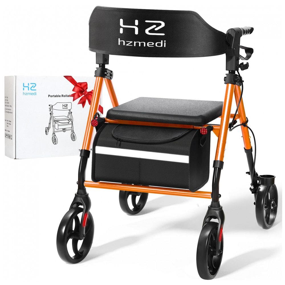 Andador Rollator Laranja com Assento e Rodas de 20cm, Leve e Dobrável, Ideal para Idosos - Ajustável em Altura,HZ HZMEDI