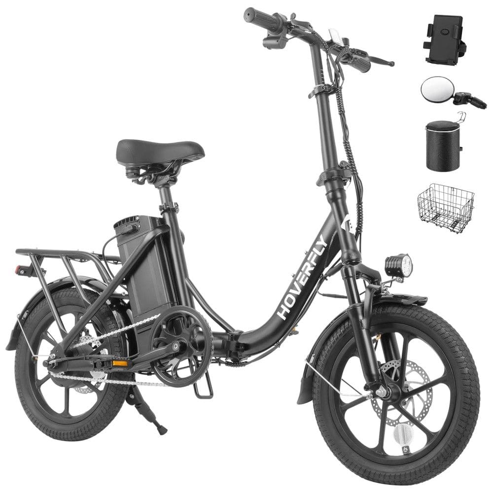 Bicicleta Elétrica Dobrável Hoverfly, 500W de Pico, 25 km/h, 45 km de Alcance, Rodas 16”, Bateria Removível, Suspensão Dupla, Freios a Disco