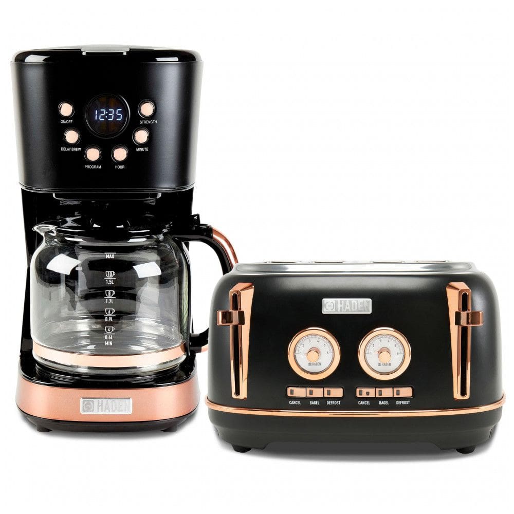 Kit Torradeira 4 Fatias Slots Largos Inox, Controle Programável, + Cafeteira Elétrica 12 Xícaras, Haden, Preto/Cobre, 110V