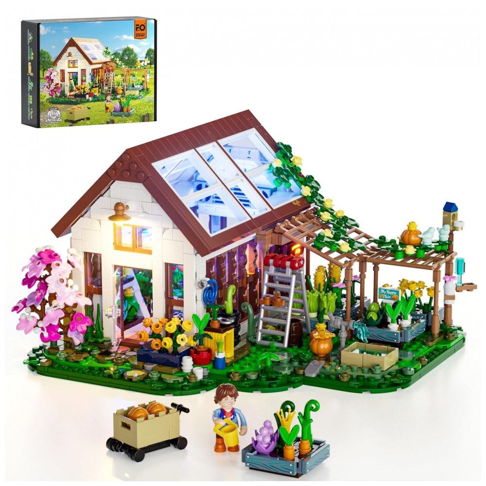 Conjunto de Blocos de Montar FUNWHOLE Estufa Jardim Botânico LED, 1428 Peças, Estrutura A-Frame Transparente, Verde