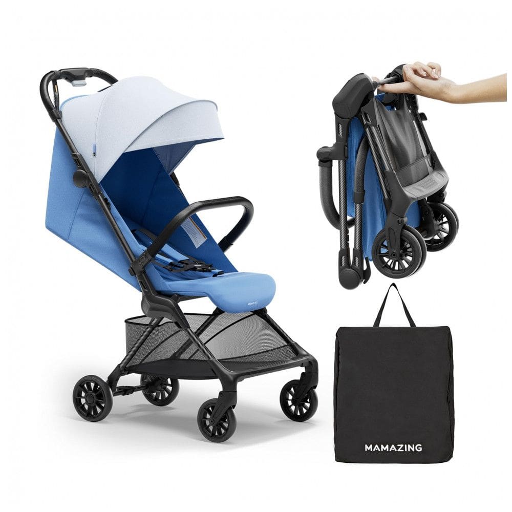 Carrinho de Bebê MAMAZING Ultra Air X Azul Fibra de Carbono, Ultra-leve < 4,5 kg, Capota UPF 50+ Impermeável, Cinto 5 Pontos