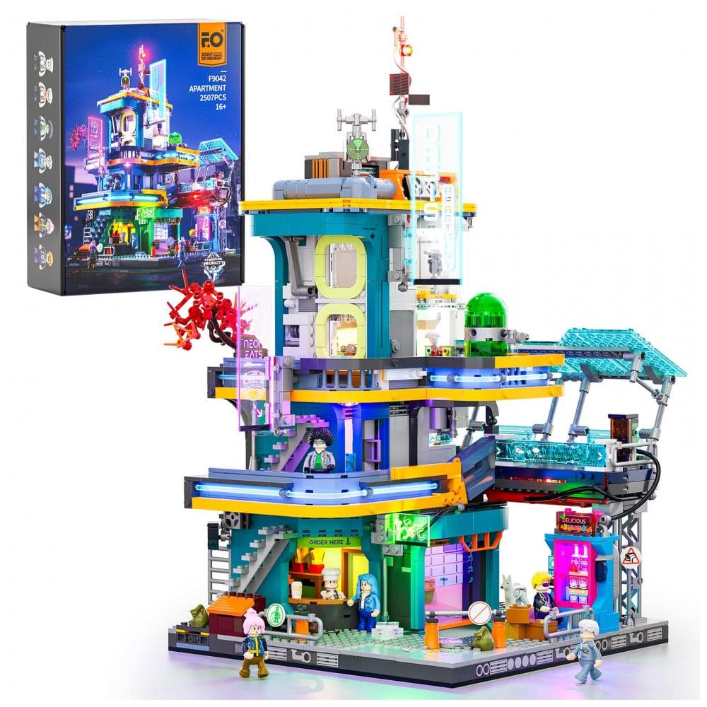 Kit Montagem FUNWHOLE Cyberpunk Mansion Modular Branco com Iluminação LED, 2524 Peças, Sistema Único USB, Modelo F9042