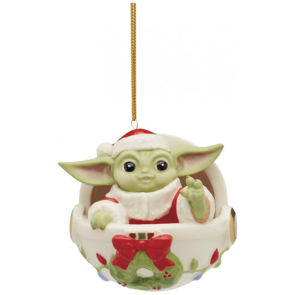 Enfeite de Natal Lenox Grogu Holiday Hover Pram em Porcelana Verde com Cordão Dourado, 7,6 x 7,6 x 7,95 cm