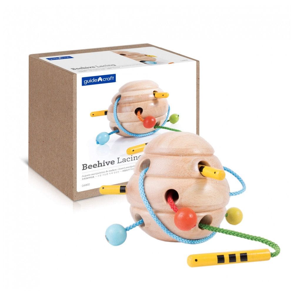 Brinquedo de encaixar Guidecraft Beehive Lacing em madeira com colmeia e 3 abelhas em cordões coloridos