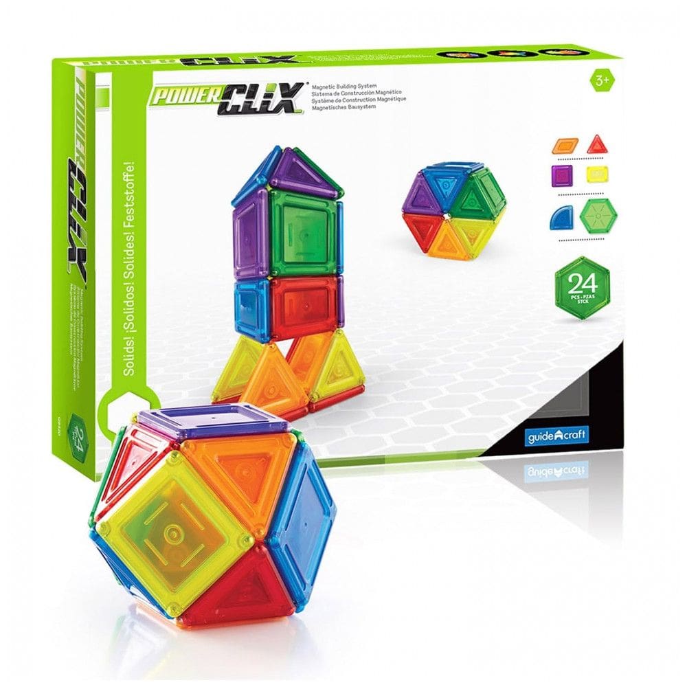 Blocos de construção magnéticos Guidecraft PowerClix Solids com 24 peças em ABS translúcido para atividades STEM