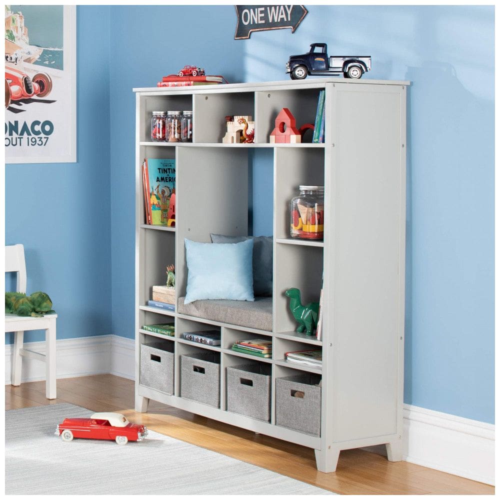 Sistema de armazenamento infantil Martha Stewart Kids Storage System Cinza com nichos, prateleiras e banco com almofada 129cm