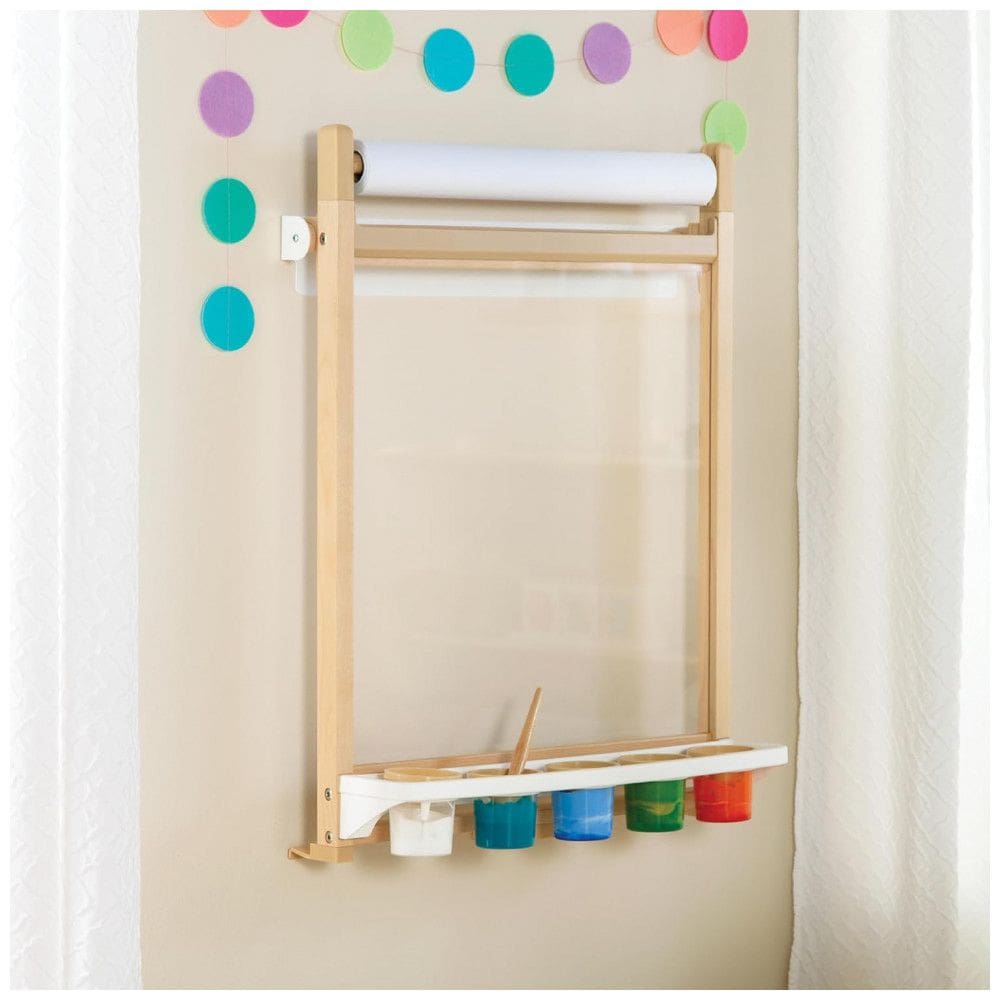 Cavalete infantil de parede Guidecraft Natural com bandeja para tinta, rolo de papel e painel acrílico magnético