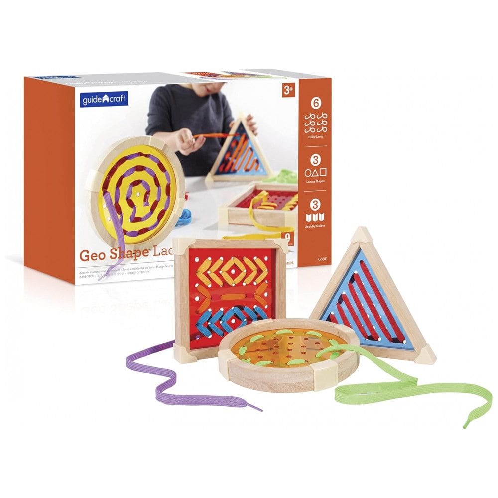 Brinquedo educativo Guidecraft Geo Shape Lacing madeira colorido, 3 placas para costurar formas geométricas, 6 cadarços multicoloridos