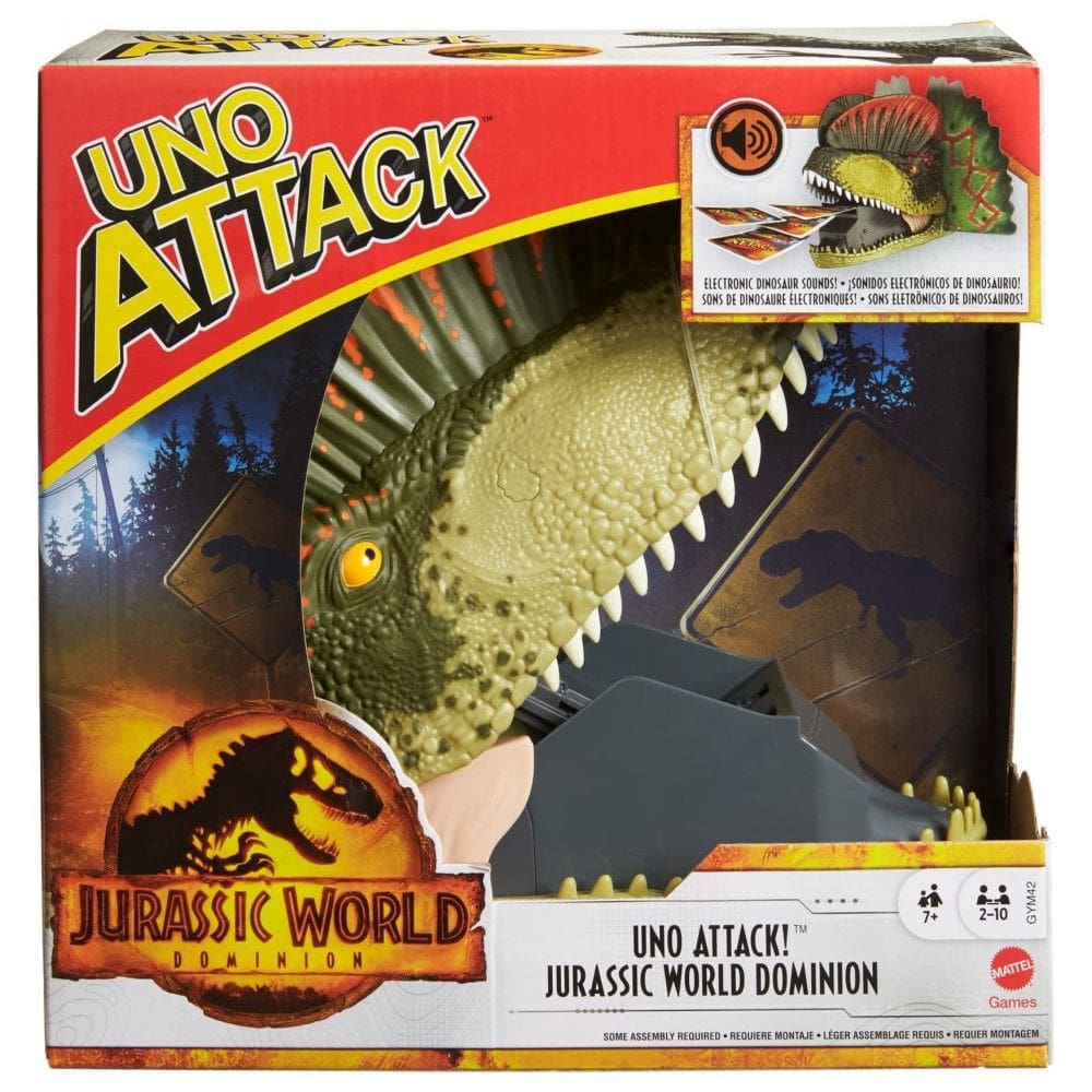 Mattel Games UNO Attack Jurassic World Dominação - Jogo de Cartas com Lançador de Cartas Dinossauro, Luzes e Sons