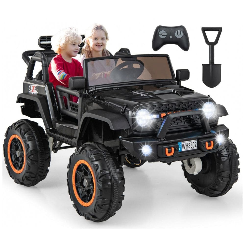 Carro Elétrico Infantil 2 Lugares OLAKIDS Preto 24V 2WD/4WD Jeep 4x550W Controle Remoto LED Suspensão Música 20” Assento Duplo