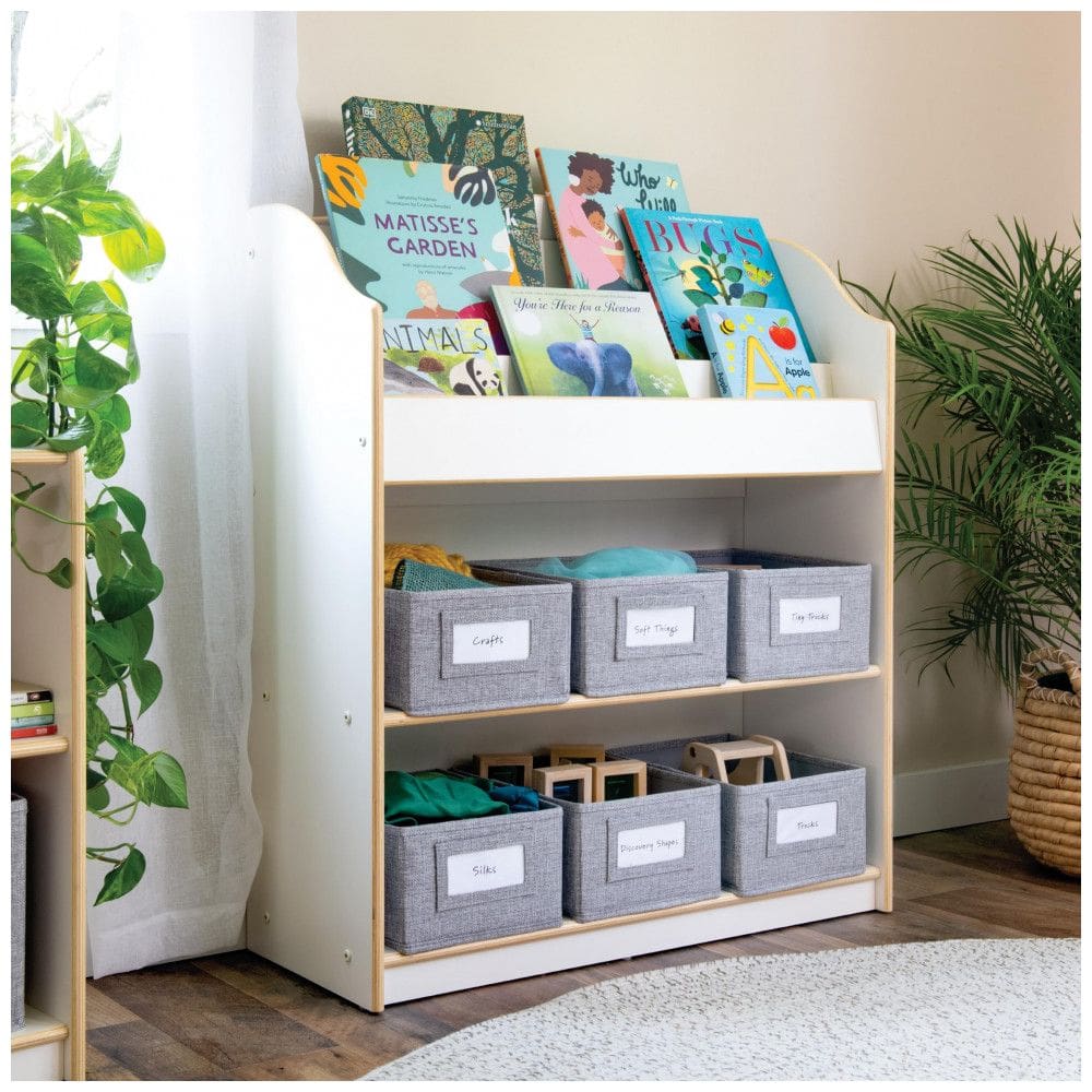Estante infantil Guidecraft EdQ Book and Bin Browser Branca com exibição de livros e 6 caixas de tecido 91cm
