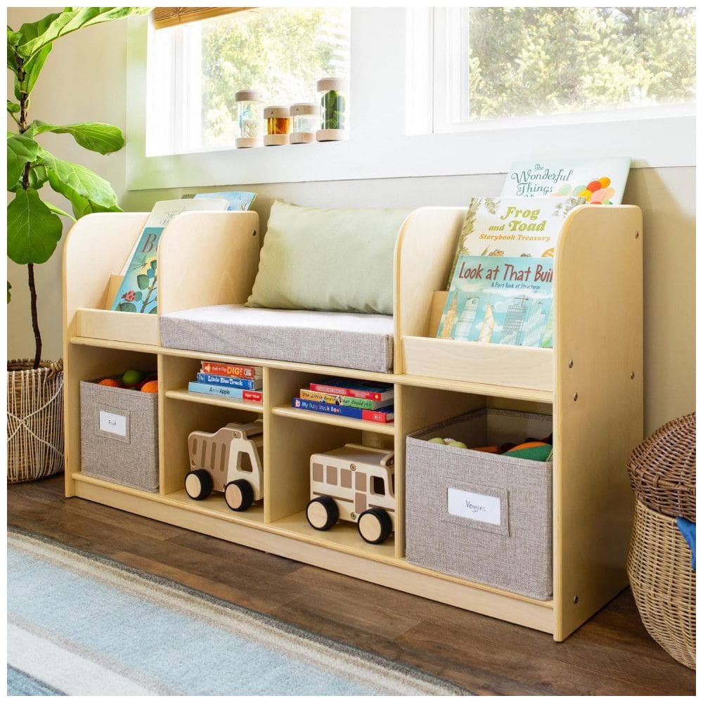Móvel infantil Guidecraft EdQ Reading Nook natural, estante com assento acolchoado, organizador multiuso com prateleiras e cestos