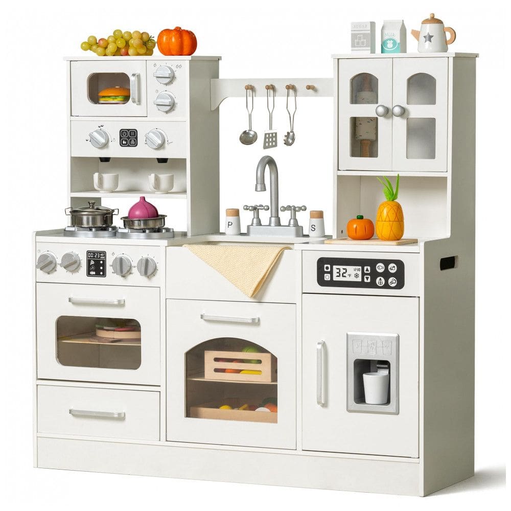 Cozinha infantil de madeira com luzes, sons e dispenser de gelo, 12 acessórios