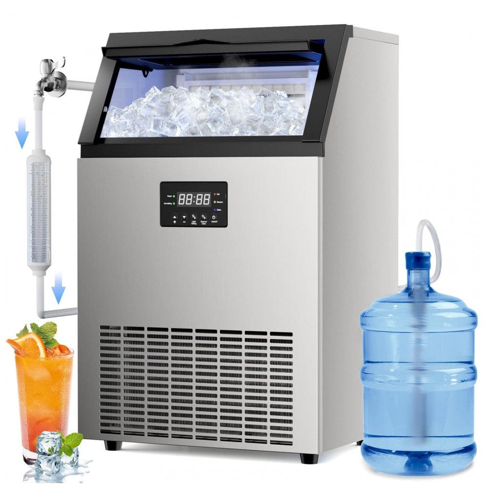 Máquina de Gelo Comercial Lioncho 90,7 kg/24H Aço Inoxidável Dupla Entrada Água Autolimpante 22,7 kg Armazenamento 110V