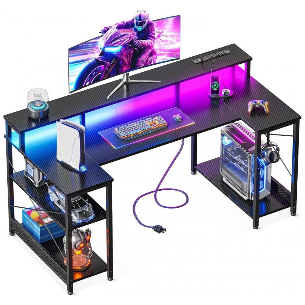 Mesa Gamer em U ODK 122 cm com Luzes LED e Tomadas Elétricas, Suporte para Monitor e Prateleiras de Armazenamento, Acabamento Fibra de