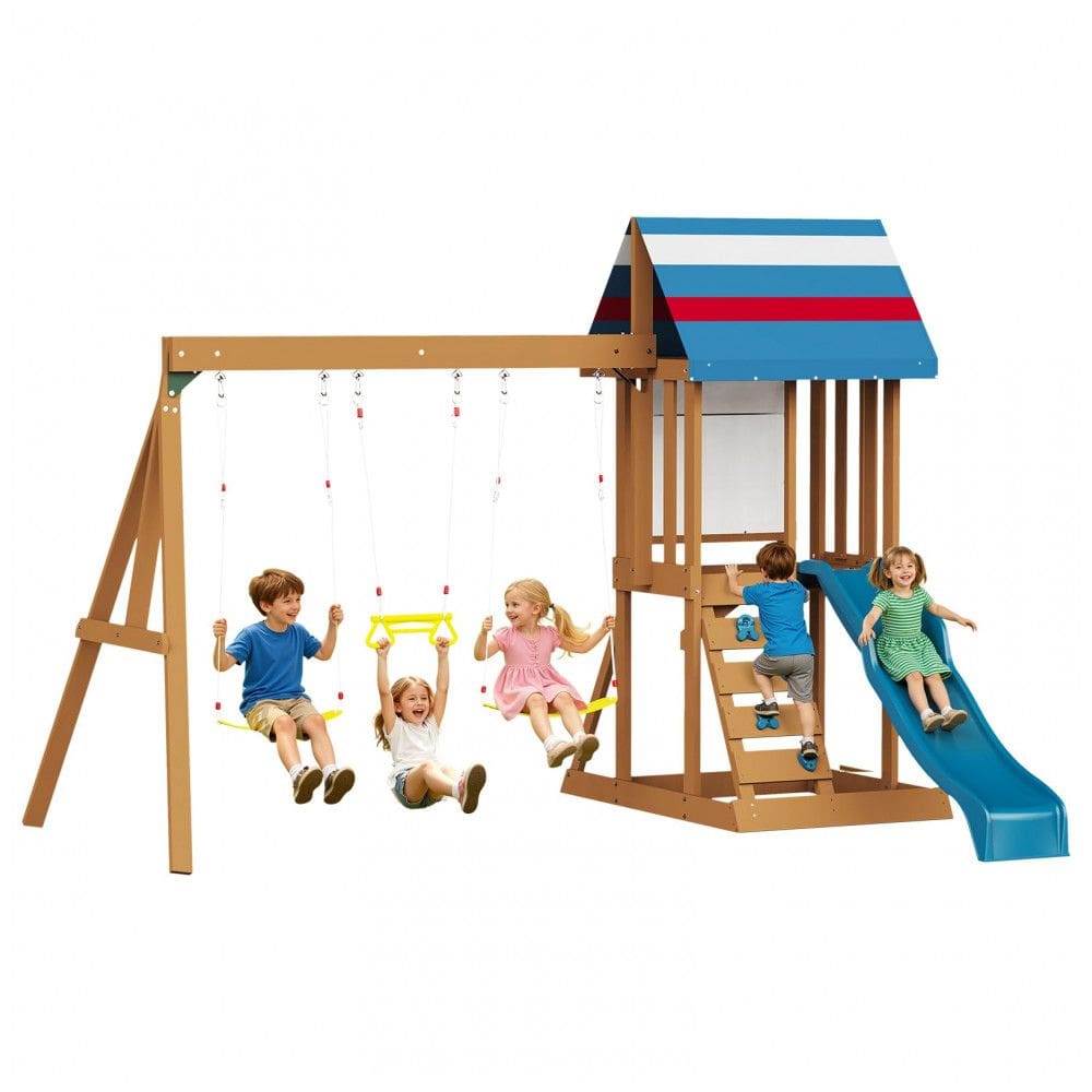 Conjunto de Balanço de Madeira Infantil Albott Outdoor 6 em 1 Marrom - Teto em Tenda, Escorregador com Onda, 2 Cintos e 1 Barra Trapezoidal