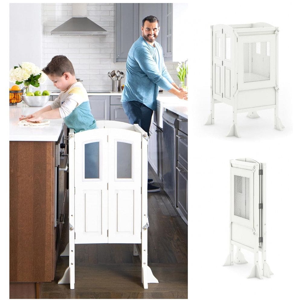 Banqueta Torre de Aprendizagem Dobrável Martha Stewart Guidecraft Kitchen Helper Branco Linho Madeira Bétula Altura Ajustável