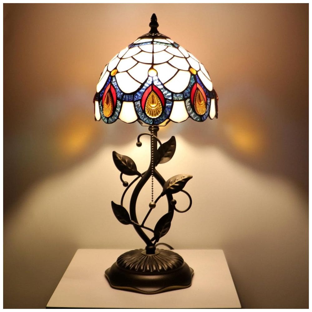 Luminária de Mesa Tiffany MQYXH - Abajur Pequeno Rosa Claro Cauda de Pavão com Vidro Colorido e Base em Resina Bronze 20x20x46 cm