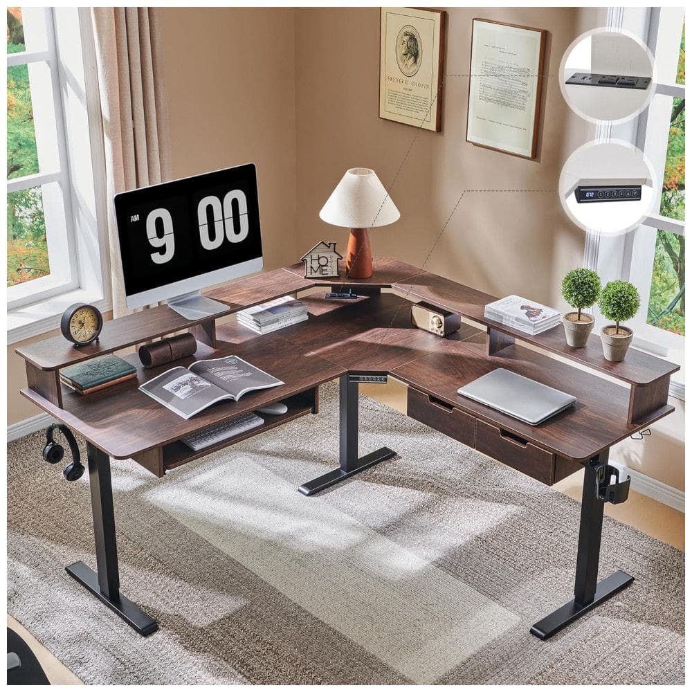 Mesa Gamer em L Elétrica RedLemon Nogueira Escura 152 cm com Altura Ajustável, Gavetas, Bandeja Teclado, Tomadas e Luzes LED