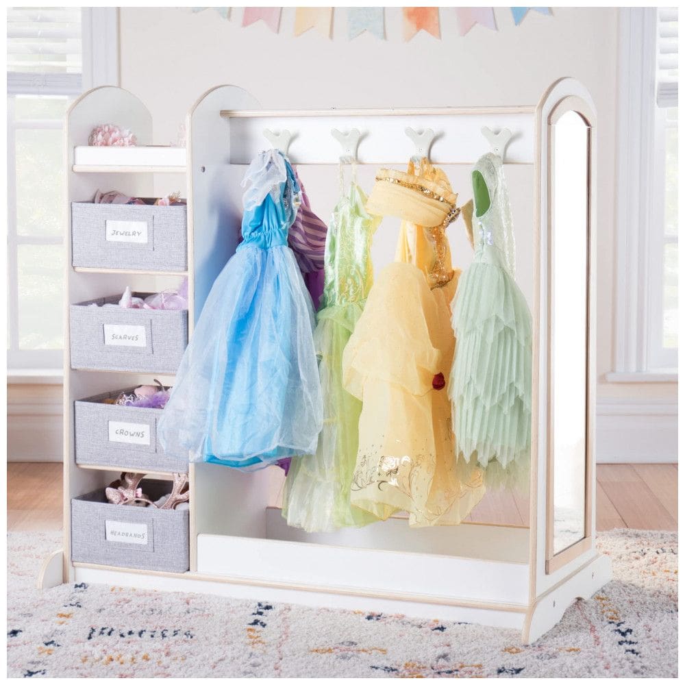 Armário infantil Guidecraft EdQ Dress-up Storage branco com espelho, cabideiro, ganchos e 4 caixas organizadoras em tecido
