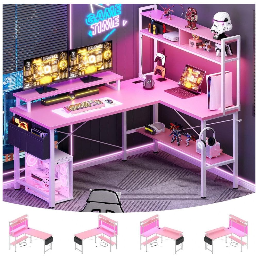 Mesa Gamer em L Aheaplus Rosa com Tomadas Elétricas, Luzes LED, Suporte para Monitor e Prateleiras, 48 polegadas (121 cm)