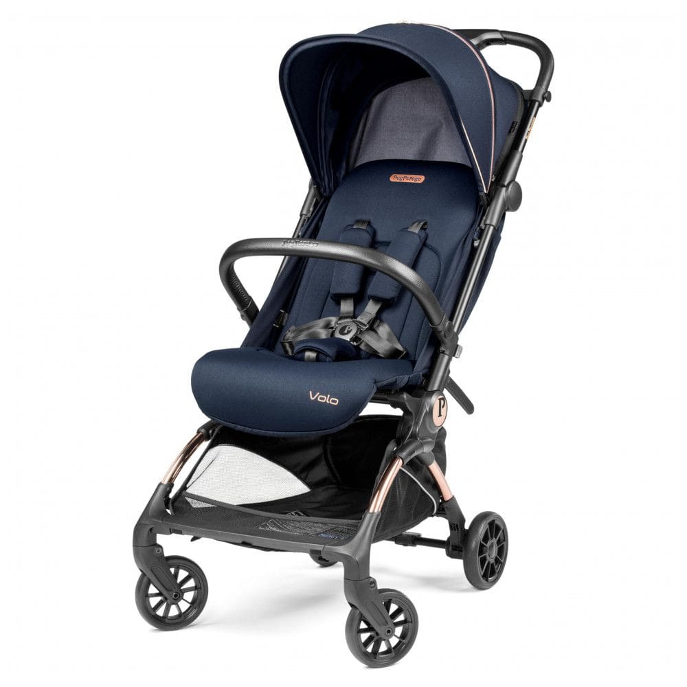 Carrinho de Bebê Peg Perego Volo Blue Shine (Azul e Cobre), Ultra Leve 5,4 kg, Dobragem Compacta, Assento Reclinável, Capota UPF 50+