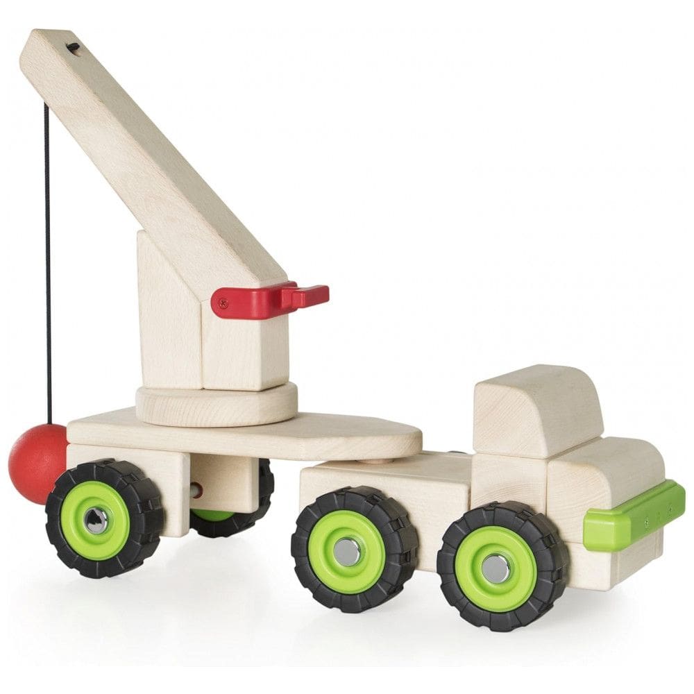 Caminhão Demolidor Block Science Guidecraft em madeira com guindaste e bola de demolição para aprendizado de pêndulos