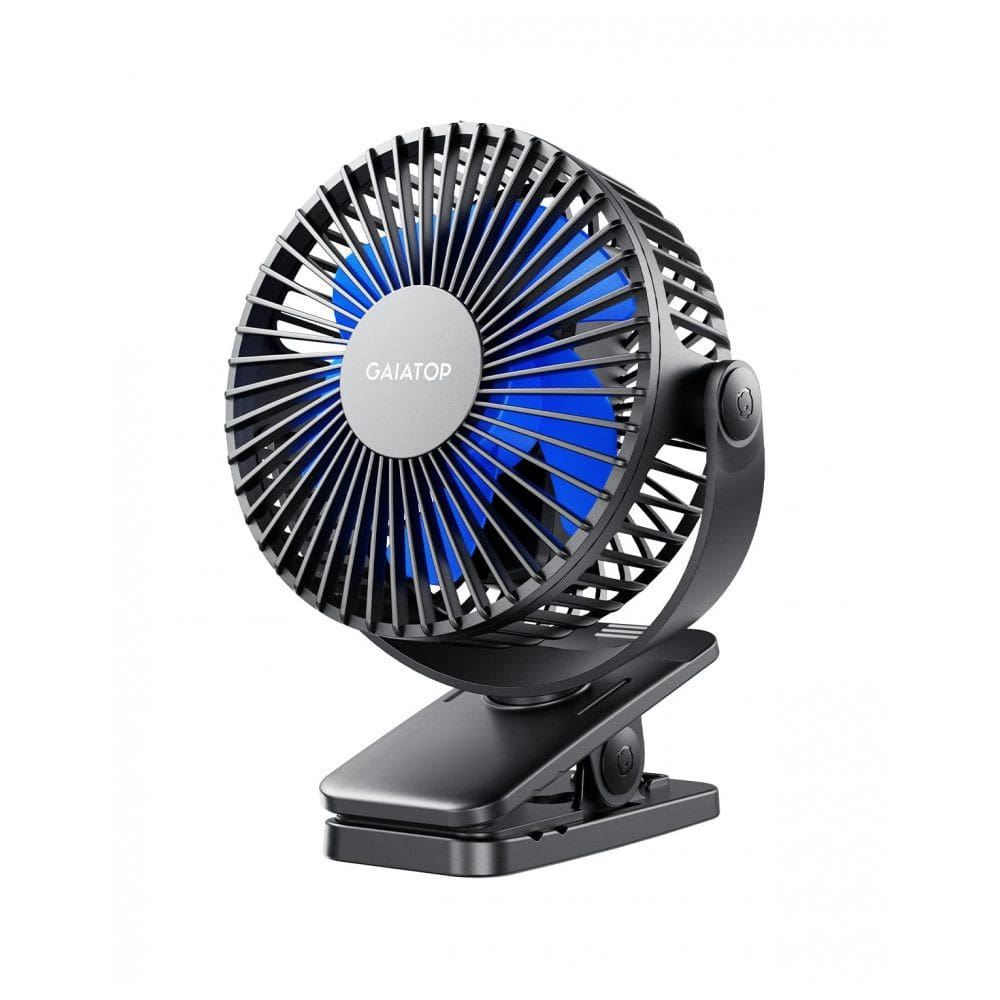 Ventilador de Clipes Portátil Gaiatop Preto e Azul Recarregável USB, 3 Velocidades, Rotação 360°, Bateria 3,5-10h, Mini Poderoso Silencioso