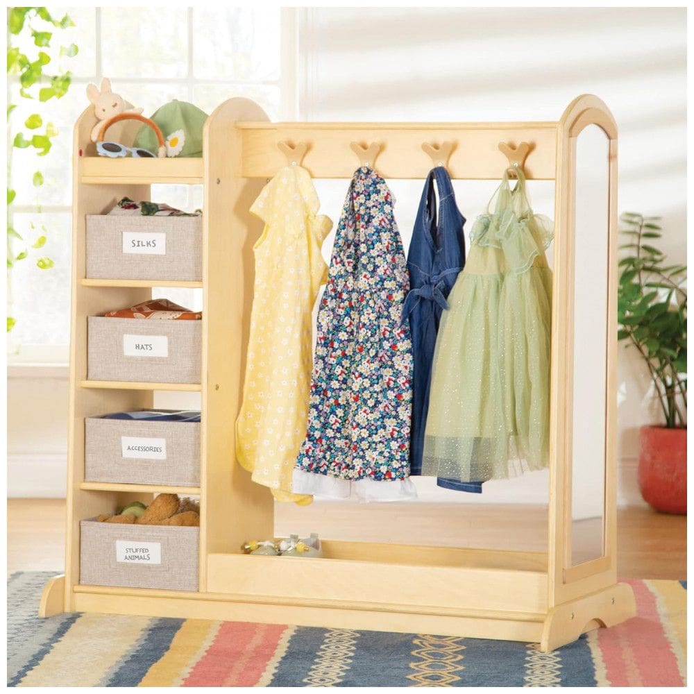 Armário infantil para fantasias Guidecraft EdQ Natural com cabideiro, espelho, nicho para sapatos e caixas de tecido