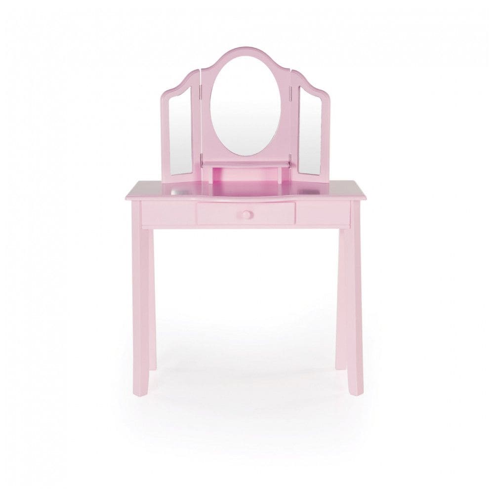 Penteadeira infantil Guidecraft rosa com espelho triplo e banquinho em madeira para brincadeiras de faz de conta