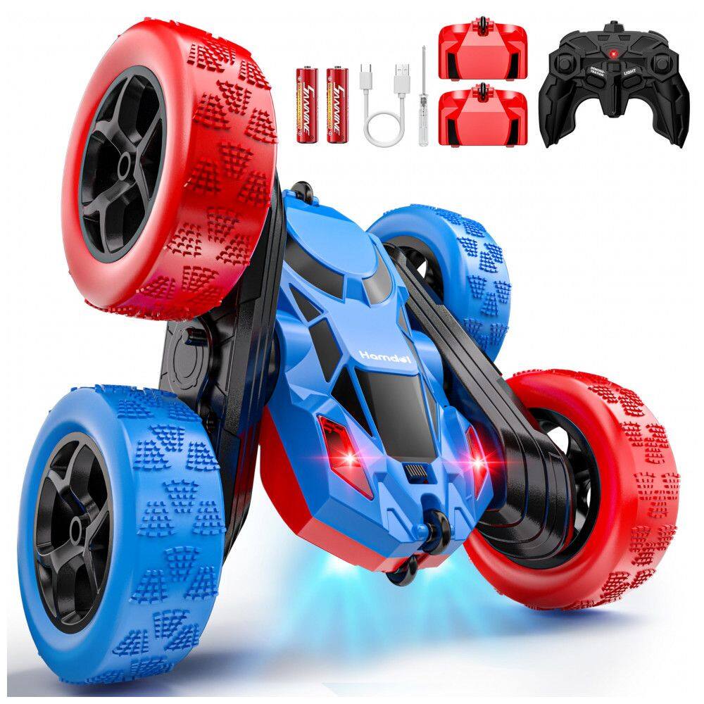 Carrinho de controle remoto STEM Hamdol Red & Blue dupla face com luzes LED e giros 360°