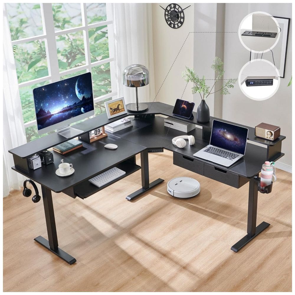 Mesa Gamer em L Elétrica RedLemon Fibra de Carbono Preta 152 cm com Altura Ajustável, Gavetas, Bandeja Teclado, Tomadas e Luzes LED