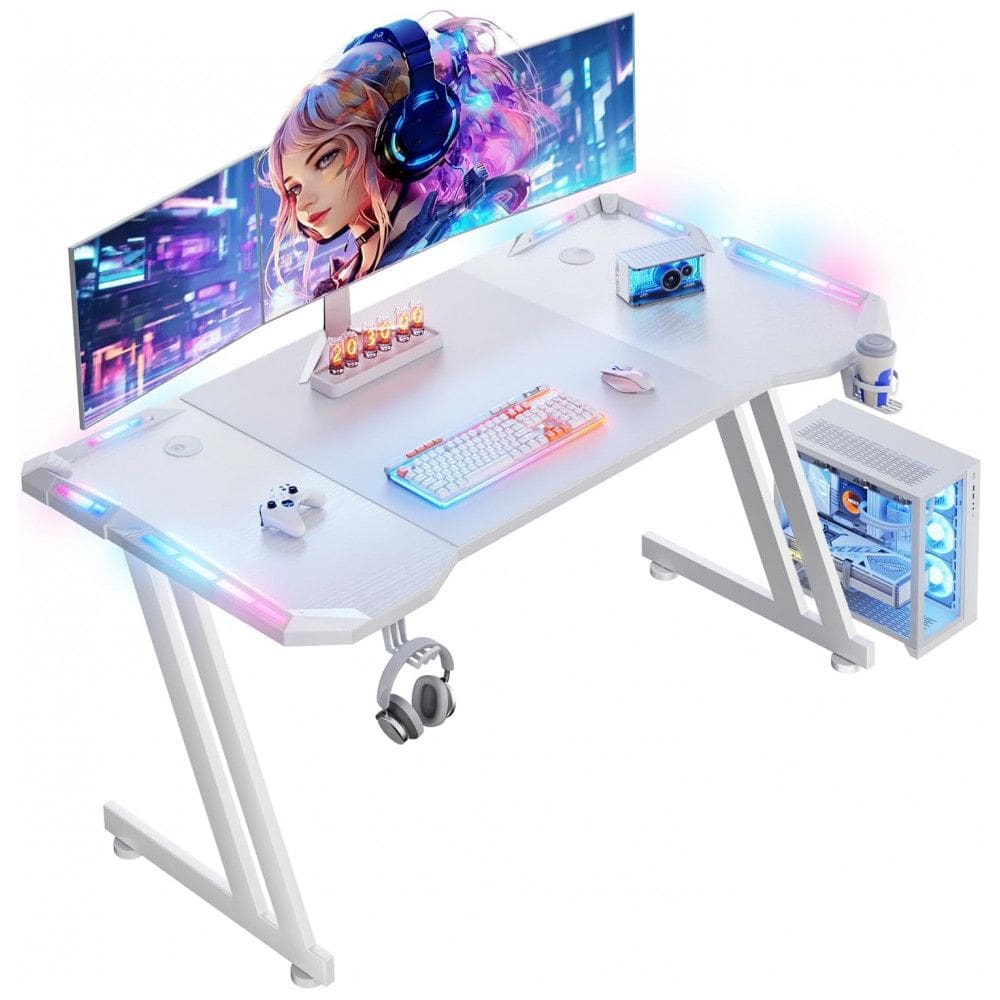 Mesa Gamer 119 cm HLDIRECT Branca com Luzes LED RGB, Superfície Fibra de Carbono, Suporte para Copo e Gancho para Fones, Modelo ZZ120